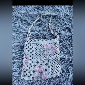Free People Large Pink Black White Gauze Cotton Reusable Hobo Shoulder Bag.
